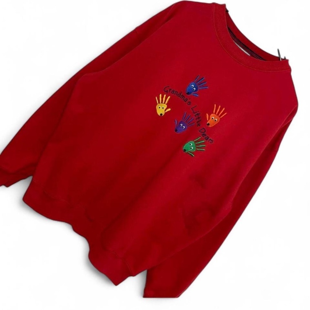 Bright Red Crewneck Sweater with Handprint Design - Picture 6 of 6